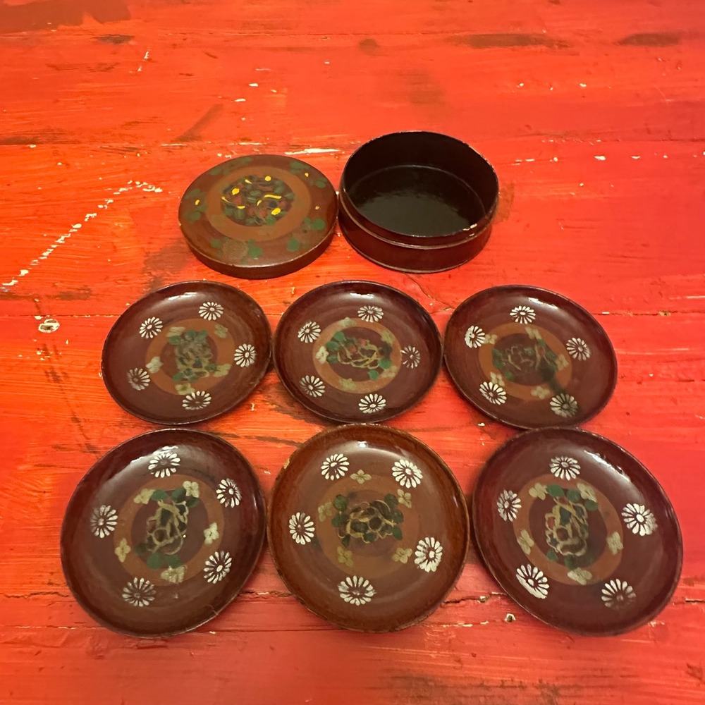 Vintage Japanese Lacquerware Coaster Set 6pc Hand Painted Floral Wood Box Japan